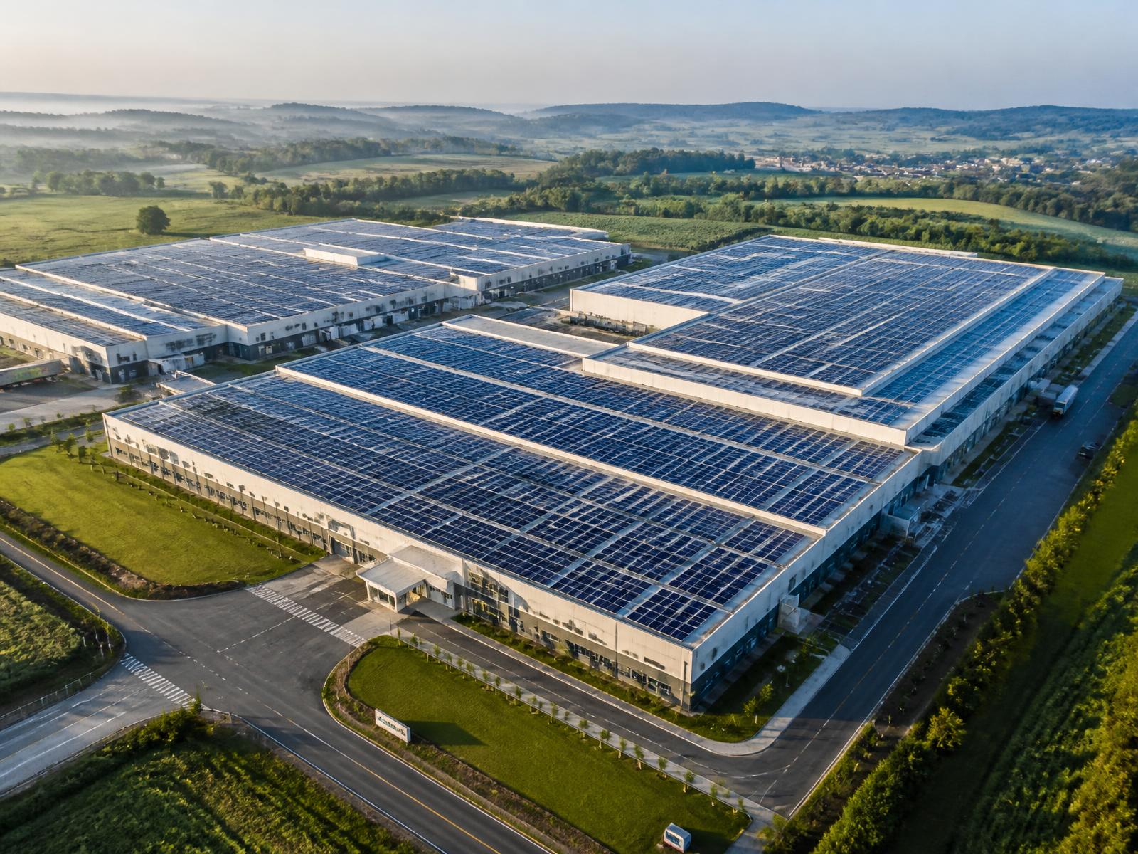 Aerial view of a factory complex with rooftop solar