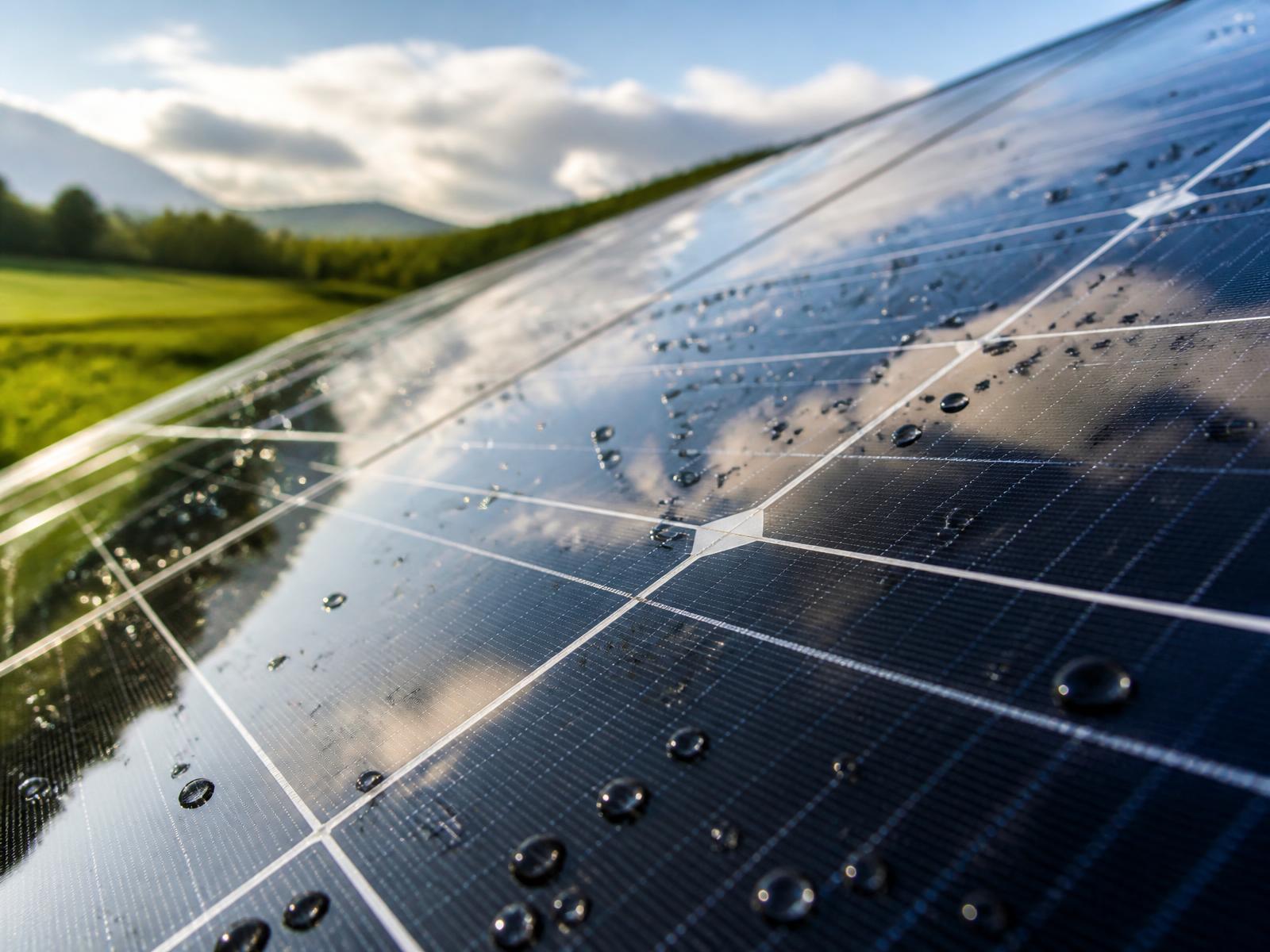Close-up of a solar panel reflecting the landscape